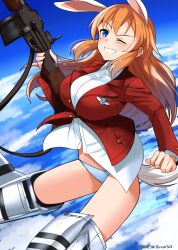 Rule 34 | 1girl, absurdres, animal ears, blazer, blue eyes, blush, breasts, charlotte e. yeager, flying, grin, gun, highres, hiroshi (hunter-of-kct), jacket, large breasts, long hair, looking at viewer, one eye closed, orange hair, panties, rabbit ears, rabbit tail, red jacket, rifle, shirt, signature, sky, smile, solo, strike witches, striker unit, tail, underwear, weapon, white panties, white shirt, world witches series