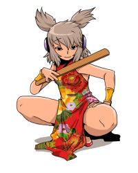 Rule 34 | 1girl, alternate costume, black eyes, china dress, chinese clothes, dress, female focus, floral print, hand on thigh, headphones, looking at viewer, onikobe rin, ritual baton, short hair, side slit, silver hair, sleeveless, sleeveless dress, smile, solo, spread legs, squatting, touhou, toyosatomimi no miko, wristband