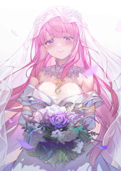 Rule 34 | 1girl, absurdres, blush, bouquet, breasts, bridal veil, bride, cleavage, dress, elbow gloves, enicia (enicia to keiyaku mon), enicia to keiyaku mon, falling petals, flower, gloves, highres, holding, holding bouquet, large breasts, light smile, long hair, petals, pink hair, purple eyes, rose, saw272, see-through, see-through cleavage, smile, solo, tearing up, veil, very long hair, wedding dress, white dress, white flower, white gloves, white rose, white veil