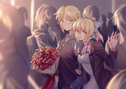 Rule 34 | 2girls, absurdres, artoria pendragon (all), artoria pendragon (fate), black gloves, blush, bouquet, breasts, crowd, dress, embarrassed, fate/apocrypha, fate/stay night, fate (series), flower, formal, gloves, hair between eyes, hand up, highres, holding, holding bouquet, incest, jacket, long hair, looking at viewer, mordred (fate), mordred (fate/apocrypha), mother and daughter, multiple girls, open clothes, open jacket, open mouth, parted bangs, parted lips, ponytail, red flower, red rose, rose, saber (fate), sidelocks, small breasts, smile, suit, teeth, tuxedo, upper body, white dress, yorukun, yuri