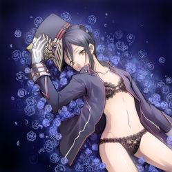 Rule 34 | black panties, breasts, collarbone, gloves, hat, highres, jacket, lace, lace panties, lingerie, military, military hat, military uniform, morag ladair (xenoblade), nintendo, no pants, open clothes, open jacket, panties, short hair, solo, takano (yotakanoyume), underwear, uniform, xenoblade chronicles (series), xenoblade chronicles 2