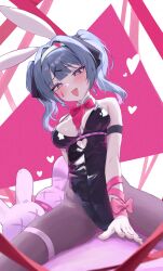 Rule 34 | 1girl, animal ears, bare shoulders, black leotard, black pantyhose, black ribbon, blue eyes, blue hair, blush, bow, bowtie, breasts, clothing cutout, cutout above navel, detached collar, fake animal ears, hair intakes, hair ornament, hair ribbon, hairband, hatsune miku, heart, heart-shaped pupils, heart cutout, highleg, highleg leotard, highres, leotard, long hair, looking down, medium breasts, miho (user7939139), necktie, open mouth, pantyhose, pink background, pink bow, pink bowtie, pink hair, pink necktie, pink pupils, pink ribbon, pink theme, playboy bunny, rabbit ears, rabbit hole (vocaloid), ribbon, riding, solo, spaghetti strap, stuffed toy, symbol-shaped pupils, teardrop facial mark, upper body, vocaloid, white background, white hairband, x hair ornament