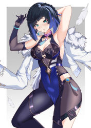 Rule 34 | 1girl, absurdres, armpits, arms up, black gloves, black hair, blue hair, blunt bangs, blush, breasts, chinese commentary, cleavage, cleavage cutout, clothing cutout, commentary request, earrings, elbow gloves, feathers, fur-trimmed jacket, fur trim, genshin impact, gloves, green eyes, grin, highres, jacket, jewelry, jie xian (tsuki), large breasts, looking at viewer, multicolored hair, parted lips, partial commentary, short hair, single glove, sleeveless, smile, solo, standing, thighs, white jacket, yelan (genshin impact)
