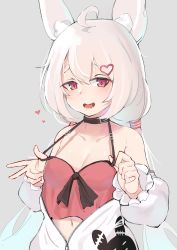 Rule 34 | 1girl, absurdres, ahoge, animal ear fluff, animal ears, breasts, camisole, camisole pull, cleavage, clothes pull, crop top, grey background, hair ornament, hairclip, highres, jacket, long hair, low twintails, midriff, naughty face, navel, open clothes, open jacket, open mouth, pink eyes, pink hair, pulled by self, rabbit ears, red camisole, simple background, small breasts, smile, solo, tomari mari, tomari mari channel, twintails, upper body, v, virtual youtuber, white jacket