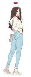 Rule 34 | 1girl, absurdres, ass, bag, brown eyes, brown hair, casual, cloba, denim, fila, highres, hood, hooded sweater, hoodie, idolmaster, idolmaster cinderella girls, jeans, levi&#039;s, logo, long hair, looking at viewer, nike (company), one side up, open mouth, pants, shimamura uzuki, shoes, simple background, sneakers, solo, standing, sweater, white background, white footwear, white sweater
