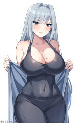 Rule 34 | 1girl, bare shoulders, blue eyes, breasts, cleavage, collarbone, covered navel, english text, ethel (xenoblade), grey hair, hair intakes, highres, large breasts, light blush, long hair, looking at viewer, meme, namu (112namu), navel, parted lips, solo, teeth, undressing, very long hair, xenoblade chronicles (series), xenoblade chronicles 3