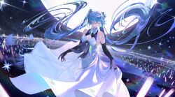 Rule 34 | 1girl, absurdres, black gloves, blue hair, breasts, cleavage, cleavage cutout, closed eyes, closed mouth, clothing cutout, commentary, dress, elbow gloves, floating hair, gloves, hair between eyes, hatsune miku, highres, jie xiaoming, long hair, medium breasts, miku symphony (vocaloid), sleeveless, sleeveless dress, solo, standing, twintails, very long hair, vocaloid, white dress