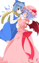 Rule 34 | 2girls, aoi (annbi), bat wings, blue bow, blue eyes, blue hair, blush, bow, cirno, cirno-nee, dress, hair bow, hat, hat ribbon, highres, ice, ice wings, looking at another, mob cap, multiple girls, pointy ears, red ribbon, remilia scarlet, ribbon, scarf, short hair, simple background, standing, touhou, white background, wings, yuri