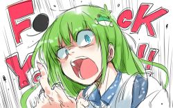 Rule 34 | 1girl, angry, blue eyes, english text, frog hair ornament, green hair, hair ornament, kochiya sanae, middle finger, motion lines, open mouth, profanity, shaded face, solo, text focus, touhou, zk (zk gundan)