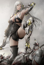 Rule 34 | 1girl, abs, arm up, armpits, asymmetrical clothes, black gloves, blood, breasts, corpse, de mo ne, frenlyse, gloves, hair between eyes, highres, holding, holding sword, holding weapon, impossible clothes, large breasts, long hair, mechanical arms, nier (series), nier reincarnation, nipple slip, nipples, prosthesis, prosthetic arm, prosthetic leg, puffy sleeves, single glove, single mechanical arm, single sleeve, single thighhigh, solo, sword, thighhighs, thighs, weapon, white hair, yellow eyes