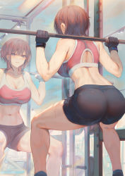 Rule 34 | 1girl, abs, ass, bare shoulders, blue eyes, blush, breasts, brown hair, cleavage, commentary request, exercising, female focus, fingerless gloves, furrowed brow, gloves, highres, large breasts, looking at viewer, mashuu (neko no oyashiro), medium hair, mirror, navel, oomikado himari, original, shorts, sidelocks, solo, sports bra, squatting, sweat, thighs, track lighting, weightlifting, workout clothes