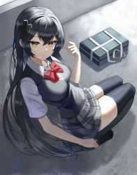 Rule 34 | 1girl, absurdres, bad id, bad pixiv id, bag, black hair, black thighhighs, black vest, bow, bowtie, breasts, cardigan vest, closed mouth, collared shirt, cross hair ornament, grey skirt, hair ornament, highres, long hair, looking at viewer, looking up, medium breasts, plaid, plaid skirt, poise, red bow, red bowtie, school bag, school uniform, shirt, short sleeves, skirt, solo, squatting, straight hair, thighhighs, uniform, very long hair, vest, white shirt, yellow eyes, zettai ryouiki