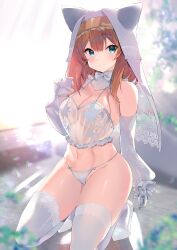 Rule 34 | 1girl, absurdres, alternate costume, blue archive, blue eyes, bow, bowtie, breasts, bridal veil, character name, detached sleeves, gloves, highres, mari (blue archive), medium breasts, navel, no halo, noto kurumi, orange hair, panties, see-through camisole, smile, solo, squatting, stomach, thighhighs, underwear, veil, white gloves, white panties, white thighhighs
