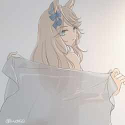 Rule 34 | 1girl, animal ears, blonde hair, blue eyes, bow, closed mouth, ear bow, gold city (umamusume), grey background, holding, holding towel, horse ears, inutose, long hair, looking at viewer, looking back, nude, see-through silhouette, smile, solo, standing, towel, twitter username, umamusume, upper body