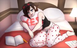 Rule 34 | 1girl, bare shoulders, barefoot, black hair, blanket, book, breasts, gradient hair, grey eyes, highres, hugging object, kinathefox, midriff, multicolored hair, navel, on bed, open book, paper, pencil, pillow, pillow hug, polka dot, polka dot legwear, red hair, ruby rose, rwby, short hair, sleep mask, small breasts, solo, tank top, yes-no pillow