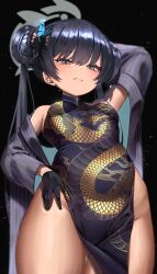 Rule 34 | 1girl, anima (togashi), black dress, black hair, blue archive, breasts, butterfly hair ornament, china dress, chinese clothes, double bun, dragon print, dress, gloves, gluteal fold, grey eyes, hair bun, hair ornament, halo, highres, kisaki (blue archive), long hair, looking at viewer, no panties, pelvic curtain, print dress, side slit, sleeveless, sleeveless dress, small breasts, solo, thighs, twintails