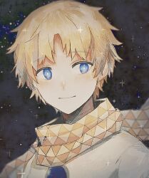 Rule 34 | 1boy, 31tamagokake580, blonde hair, blue eyes, bright pupils, fate/grand order, fate (series), highres, light blush, looking at viewer, male focus, parted bangs, scarf, shirt, short hair, sky, smile, solo, sparkle, star (sky), starry sky, upper body, voyager (fate), voyager (first ascension) (fate), white pupils, white shirt, yellow scarf