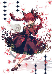 Rule 34 | 1girl, animal ears, ankle bow, ankle ribbon, black bow, black dress, black footwear, blunt bangs, bow, braid, cat ears, cat tail, commentary, dress, extra ears, finger to mouth, fingernails, frilled dress, frilled sleeves, frills, full body, hair bow, hands up, heart, high heels, highres, kaenbyou rin, leg ribbon, long sleeves, looking at viewer, nail polish, nekomata, pointy ears, red eyes, red nails, ribbon, simple background, slit pupils, solo, tail, touhou, twin braids, white background, yasato