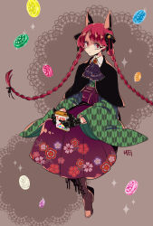Rule 34 | 1girl, alternate costume, animal ears, ascot, bad id, bad pixiv id, boots, bow, braid, can, candy, capelet, cat ears, cat tail, floral print, food, hair bow, japanese clothes, kaenbyou rin, kimono, long hair, md5 mismatch, mei (meiko22), meiji schoolgirl uniform, red eyes, red hair, solo, tail, touhou, twin braids, very long hair