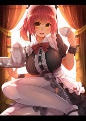 Rule 34 | 1girl, bad id, bad pixiv id, blush, breasts, cup, curtains, frills, highres, large breasts, letterboxed, maid, maid headdress, mary janes, open mouth, original, pink hair, rerrere, shoes, short hair, side ponytail, smile, solo, teacup, teapot, thighhighs, tray, white thighhighs, window, wrist cuffs, yellow eyes
