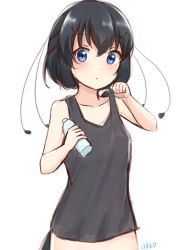 Rule 34 | 1girl, absurdres, alternate costume, antennae, bare arms, bare shoulders, black hair, black tank top, blue eyes, bottle, casual, collarbone, commentary, cowboy shot, hair between eyes, highres, holding, holding bottle, kemono friends, parted lips, plastic bottle, shiraha maru, short hair, simple background, sketch, solo, tank top, western parotia (kemono friends), white background