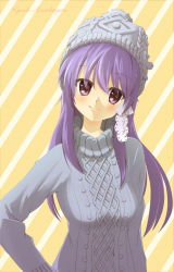 Rule 34 | 00s, asupara, clannad, fujibayashi kyou, hat, highres, long hair, purple eyes, purple hair, smile, solo, sweater