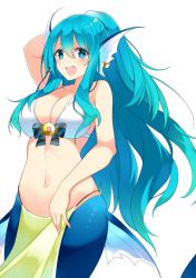 Rule 34 | 1girl, :d, arm behind head, bad id, bad twitter id, bare arms, bare shoulders, bikini, blue eyes, blue hair, blush, breasts, cleavage, earrings, fang, fins, hair between eyes, hand up, head fins, highres, jewelry, large breasts, looking at viewer, mermaid, monster girl, navel, open mouth, original, pelvic curtain, simple background, smile, solo, suruga (xsurugax), swimsuit, white background, white bikini