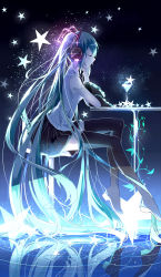 Rule 34 | 1girl, absurdly long hair, absurdres, black footwear, black skirt, blue hair, boots, cup, drinking glass, closed eyes, floating hair, from side, grey shirt, hatsune miku, headphones, highres, invisible chair, long hair, miniskirt, pleated skirt, shirt, sitting, skirt, sleeveless, sleeveless shirt, solo, suiboku tanren, table, thigh boots, thighhighs, twintails, very long hair, vocaloid, zettai ryouiki