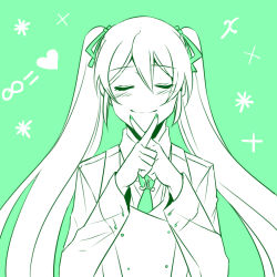 Rule 34 | 1girl, blush, closed eyes, crossed fingers, green background, green theme, hatsune miku, heart, ktsis, long hair, monochrome, nail polish, no nose, smile, solo, twintails, vocaloid, x fingers