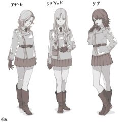 Rule 34 | 10s, 3girls, absurdres, belt, boots, braid, character name, closed mouth, collared shirt, commentary request, contrapposto, girls und panzer, hair over shoulder, highres, jacket, long hair, long sleeves, looking at viewer, multiple girls, muted color, necktie, pleated skirt, pouch, shirt, short hair, signature, skirt, smile, standing, translation request, twin braids, wing collar, zennosuke