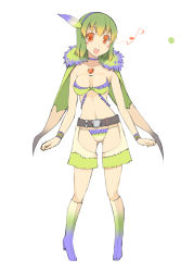 Rule 34 | 1girl, :d, belt, blush, boots, breasts, cape, choker, color guide, feather hair ornament, feathers, full body, fur collar, green hair, feather hair ornament, hairband, heart, high heel boots, high heels, knee boots, looking at viewer, medium breasts, monster hunter (series), musical note, navel, ohta yuichi, open clothes, open mouth, open shorts, orange eyes, personification, purple choker, qurupeco, round teeth, short hair, shorts, simple background, smile, solo, standing, teeth, white background