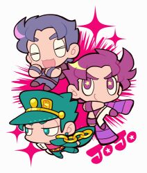Rule 34 | 3boys, :3, belt, chain, chibi, chibi only, coat, copyright name, full body, green coat, green hair, green headwear, jojo no kimyou na bouken, jonathan joestar, joseph joestar, joseph joestar (young), kotorai, kuujou joutarou, laughing, limited palette, lowres, male focus, midriff, multiple boys, navel, necktie, open mouth, pants, pink shirt, purple hair, purple scarf, purple shirt, purple wristband, scarf, shirt, short hair, sideburns, sparkle, star-shaped pupils, star (symbol), striped necktie, symbol-shaped pupils, v-shaped eyebrows, white pants