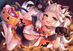 Rule 34 | 1girl, absurdres, animal ear fluff, animal ears, animal hands, arata (xin), bandaged arm, bandaged leg, bandages, blunt bangs, blush, breasts, candy, cat ears, cat girl, cat tail, choker, collarbone, fang, food, gloves, halloween, halloween bucket, halloween costume, hat, highres, hololive, jack-o&#039;-lantern, long hair, looking at viewer, miniskirt, murasaki shion, navel, open mouth, paw gloves, paw pose, shirt, silver hair, skirt, small breasts, smile, solo, tail, torn clothes, torn shirt, torn skirt, twintails, virtual youtuber, yellow eyes