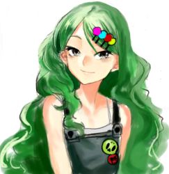 Rule 34 | 1girl, bad id, bad pixiv id, bare shoulders, green hair, grey eyes, hair ornament, hairclip, long hair, looking at viewer, original, overalls, simple background, sleeveless, smile, solo, suisogenshi, white background