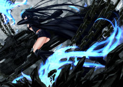 Rule 34 | 10s, 1girl, absurdres, arm cannon, ass, bad id, bad pixiv id, belt, bikini, bikini top only, black hair, black rock shooter, black rock shooter (character), blue eyes, boots, chain, coat, female focus, flat chest, from behind, glowing, glowing eyes, highres, long hair, looking back, navel, sato toshiya, scar, shorts, solo, swimsuit, twintails, very long hair, weapon