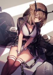 Rule 34 | 1girl, bare shoulders, between legs, black capelet, black jacket, black skirt, blush, breasts, brown hair, capelet, chain, cleavage, closed mouth, collar, flipped hair, genyaky, gloves, green eyes, hair between eyes, hairband, hand between legs, headgear, highres, jacket, jacket on shoulders, kantai collection, large breasts, looking at viewer, metal belt, metal collar, midriff, mutsu (kancolle), mutsu kai ni (kancolle), navel, pleated skirt, radio antenna, red thighhighs, rigging, shadow, short hair, signature, sitting, skirt, smile, solo, striped clothes, striped skirt, striped thighhighs, thighhighs, thighs, turret, white gloves