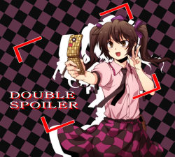 Rule 34 | 1girl, brown eyes, brown hair, cellphone, double spoiler, female focus, himekaidou hatate, phone, rex k, ribbon, solo, standing, touhou, twintails