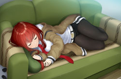 Rule 34 | 1girl, amami amayu, belt, black pantyhose, black shorts, brown jacket, closed eyes, closed mouth, couch, jacket, legs together, pantyhose under shorts, long hair, long sleeves, lying, makise kurisu, necktie, off shoulder, on couch, on side, open clothes, open jacket, pantyhose, pantyhose under shorts, pillow, red hair, red necktie, shirt, short shorts, shorts, sleeping, smile, solo, steins;gate, white shirt
