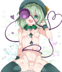 Rule 34 | 1girl, breasts, bright pupils, collar, commentary request, covered navel, detached collar, floral print, frilled collar, frills, green collar, green eyes, green hair, green hat, green thighhighs, groin, hand up, hat, hat ribbon, heart, heart of string, highres, huyusilver, komeiji koishi, leotard, looking at viewer, medium hair, one eye covered, open mouth, ribbon, see-through, see-through leotard, short hair, simple background, sitting, small breasts, smile, solo, spread legs, teeth, thighhighs, third eye, touhou, upper teeth only, wavy hair, white background, wristband, yellow ribbon