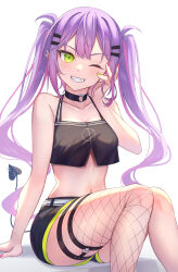 Rule 34 | 1girl, absurdres, aoi zerii, blush, breasts, cleavage, collarbone, commentary request, demon girl, demon tail, fingernails, green eyes, grin, hair ornament, hairclip, highres, hololive, looking at viewer, medium breasts, navel, one eye closed, piercing, simple background, sitting, smile, tail, tail ornament, tail piercing, thighs, tokoyami towa, tokoyami towa (1st costume), twitter username, virtual youtuber, white background