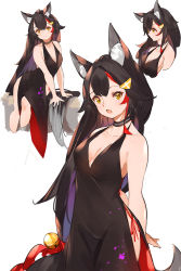 Rule 34 | 1girl, adapted costume, animal ear fluff, animal ears, arms behind back, bell, black choker, black dress, black hair, breasts, choker, cleavage, closed mouth, commentary, dress, english commentary, fang, full body, hair ornament, halter dress, halterneck, highres, hololive, long hair, looking at viewer, majo (pastamajo), medium breasts, multicolored hair, multiple views, ookami mio, open mouth, red hair, side slit, sideboob, simple background, sleeveless, sleeveless dress, smile, standing, streaked hair, tail, two-tone hair, virtual youtuber, white background, wolf ears, wolf tail, yellow eyes