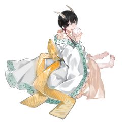 Rule 34 | 10s, 1boy, barefoot, black eyes, black hair, child, chinese clothes, earrings, eyeshadow, facial mark, full body, hakutaku (hoozuki no reitetsu), hoozuki no reitetsu, horns, jewelry, kunimitsu (9nimi2), looking at viewer, makeup, male focus, simple background, single earring, solo, tongue, tongue out, traditional clothes, white background, aged down