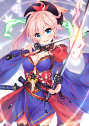 Rule 34 | &gt;:d, 1girl, :d, absurdres, bare shoulders, blue eyes, blush, breasts, brown thighhighs, cleavage, commentary request, cowboy shot, detached collar, detached sleeves, dual wielding, earrings, fate/grand order, fate (series), flaming sword, flaming weapon, floral print, foreshortening, hair between eyes, hair ornament, head tilt, highres, holding, holding sword, holding weapon, japanese clothes, jewelry, katana, kimono, large breasts, leaf earrings, leaf print, long hair, looking at viewer, magatama, magic, miyamoto musashi (fate), miyamoto musashi (third ascension) (fate), obi, obidome, open mouth, outstretched arm, pink hair, ponytail, print sash, purple kimono, sash, scabbard, sheath, sheathed, shiny skin, short kimono, sleeveless, sleeveless kimono, smile, solo, sparkle, standing, sword, tassel, thighhighs, unsheathed, v-shaped eyebrows, wakagi repa, weapon, wide sleeves