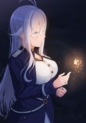Rule 34 | 1girl, 86 -eightysix-, ahoge, antenna hair, belt, breasts, closed mouth, commentary, embers, from side, grey eyes, hair between eyes, highres, holding fireworks, light smile, long hair, looking ahead, medium breasts, military, military uniform, night, no headwear, o-ring, o-ring belt, outdoors, philo 324, sidelocks, solo, uniform, vladilena millize, white belt, white hair