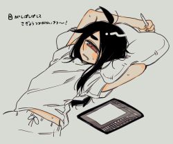 Rule 34 | 1girl, ahoge, black hair, blush stickers, cyclops, d:, drawing tablet, drooling, grey background, holding, holding stylus, long hair, lying, mouth drool, muku-chan (muroku), muroku (aimichiyo0526), on back, one-eyed, open mouth, original, pillow, red eyes, shirt, simple background, solo, stylus, translation request, x x