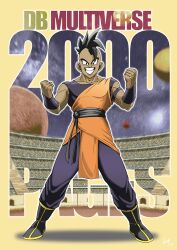 Rule 34 | 2000, black eyes, black hair, dragon ball, dragon ball multiverse, highres, looking at viewer, muscular, muscular male, planet, smile, space, star (sky), tagme, tournament, uub