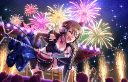 Rule 34 | 10s, 1girl, architecture, armlet, artist request, asymmetric gloves, asymmetrical gloves, asymmetrical legwear, belt, black skirt, blush, breasts, brown hair, chain, choker, cleavage, clenched hands, closed eyes, collarbone, crown, east asian architecture, elbow gloves, fingerless gloves, fireworks, gloves, guitar, headphones, holding, holding microphone, idolmaster, idolmaster cinderella girls, idolmaster cinderella girls starlight stage, instrument, leather skirt, microphone, microphone stand, midriff, music, navel, night, night sky, official art, open mouth, outdoors, short hair, singing, skirt, sky, sleeveless, smile, solo, stage lights, star (sky), starry sky, striped legwear, sweat, sweatdrop, tada riina, teeth, uneven gloves, uneven legwear