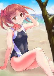 Rule 34 | 1girl, adjusting hair, arm support, bare legs, beach, black one-piece swimsuit, blurry, blush, bow, breasts, brown eyes, brown hair, closed mouth, collarbone, competition swimsuit, covered navel, depth of field, eu (tounaeu2517), hair bow, highres, legs, looking at viewer, matching hair/eyes, ocean, one-piece swimsuit, outdoors, parted bangs, red bow, school swimsuit, shirai kuroko, sitting, sky, small breasts, smile, swimsuit, thighs, toaru kagaku no railgun, toaru majutsu no index, tokiwadai school swimsuit, tounaeu2517, tree, twintails, two-tone swimsuit, wavy hair, white one-piece swimsuit