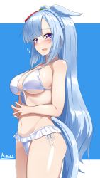 Rule 34 | 1girl, :d, a.nori, animal ears, bare arms, bare shoulders, bikini, blue hair, blush, braid, breasts, commentary request, cowboy shot, crown braid, groin, highres, horse ears, large breasts, long hair, looking at viewer, mejiro ardan (umamusume), navel, open mouth, own hands together, purple eyes, smile, solo, standing, stomach, swimsuit, tail, thighs, umamusume, very long hair, white bikini