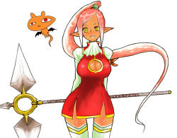 Rule 34 | 1girl, :3, breasts, cleavage, cleavage cutout, clothing cutout, dress, female focus, han (jackpot), hip focus, large breasts, long hair, original, pink hair, pointy ears, ponytail, red eyes, short dress, simple background, smile, solo, thighhighs, very long hair, weapon, white background, white thighhighs, wide hips, wings, yellow eyes, zettai ryouiki
